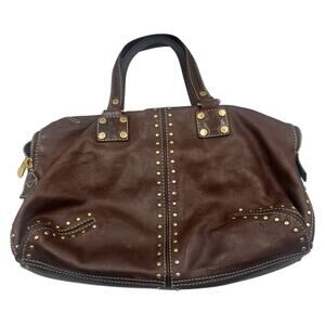 Michael Kors Astor Brown Leather Studded Satchel Gold Hardware Handbag Purse